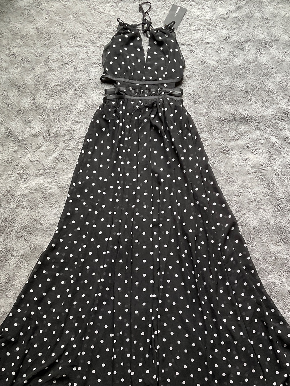 Black Polka Dot Maxi Dress with Cutout Waist